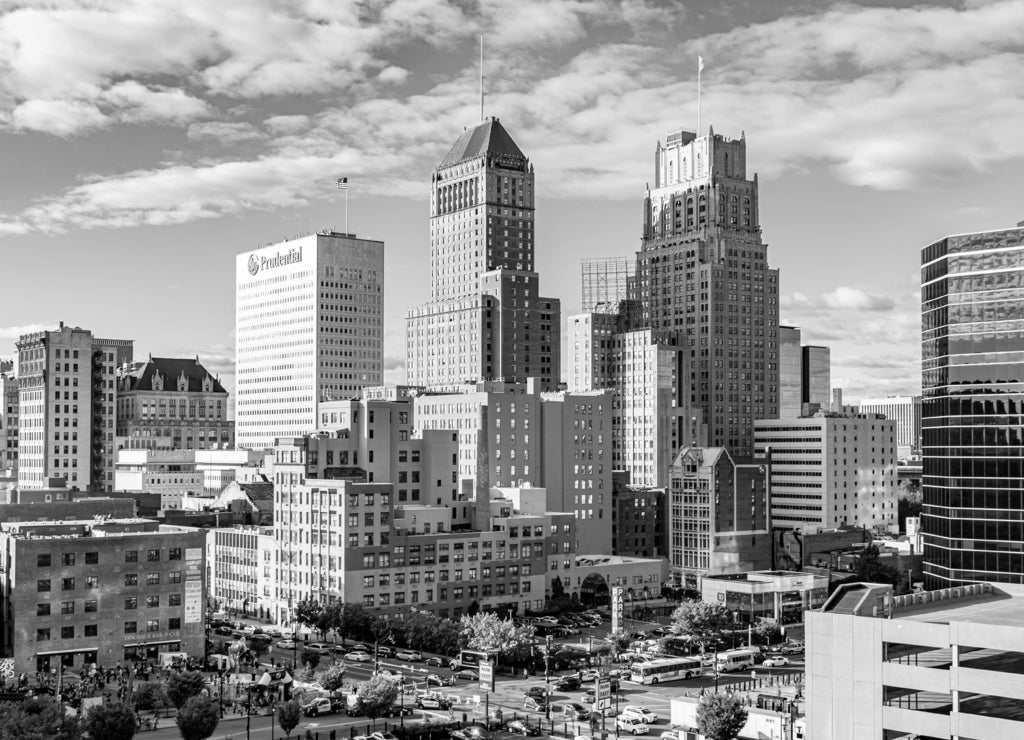 Downtown Skyline in Newark, New Jersey in black white