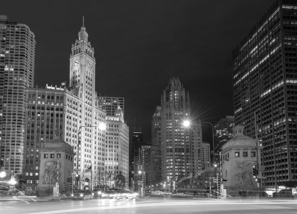 Chicago City skyline at night, Michigan Avenue, Chicago, Illinois, USA in black white