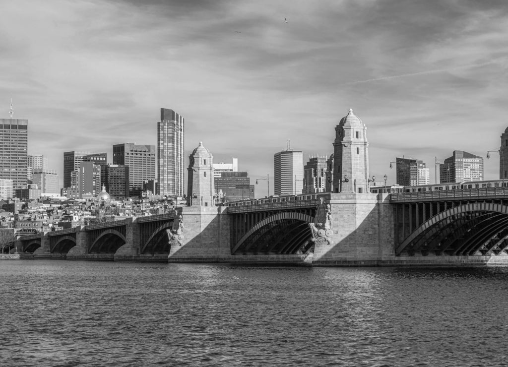 Longfellow Bridge over the charles river connecting Boston's Beacon Hill neighborhood with the Kendall Square area of Cambridge, Massachusetts in black white