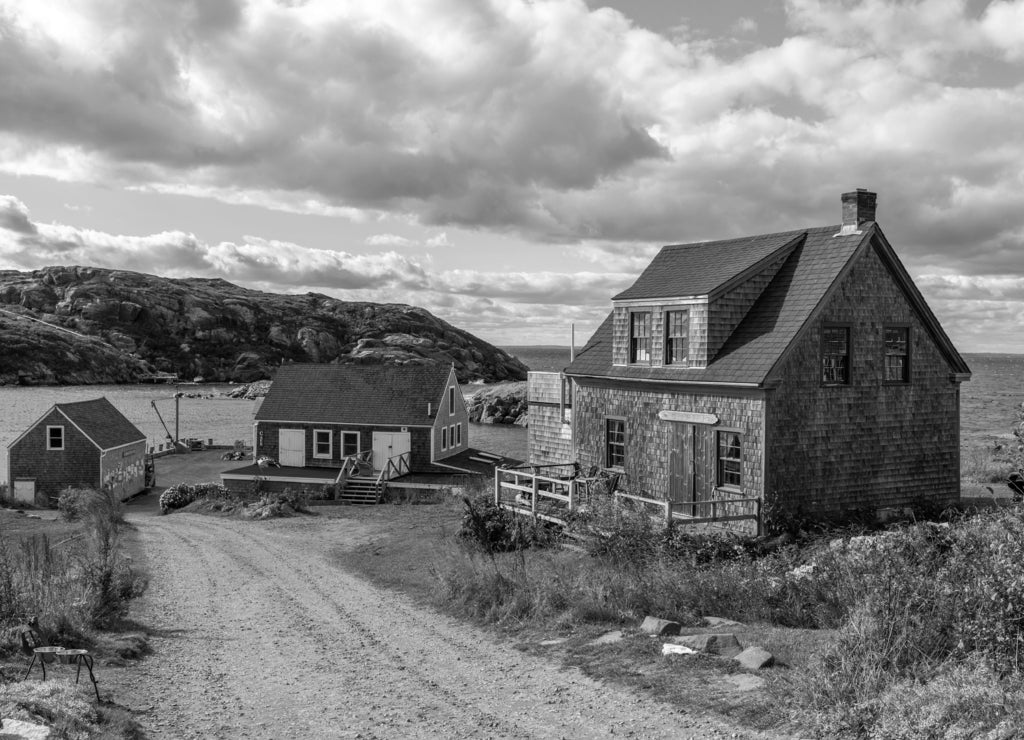 Monhegan Island overlooking Manana Island, Maine in black white