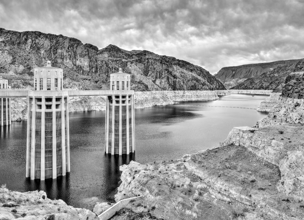 Penstock towers at Hoover Dam on the Colorado River, Nevada in black white