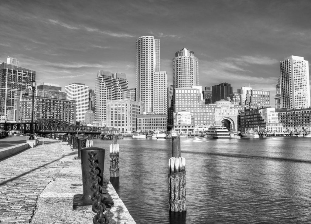 Financial District and Boston Harbor at Sunrise, Massachusetts in black white