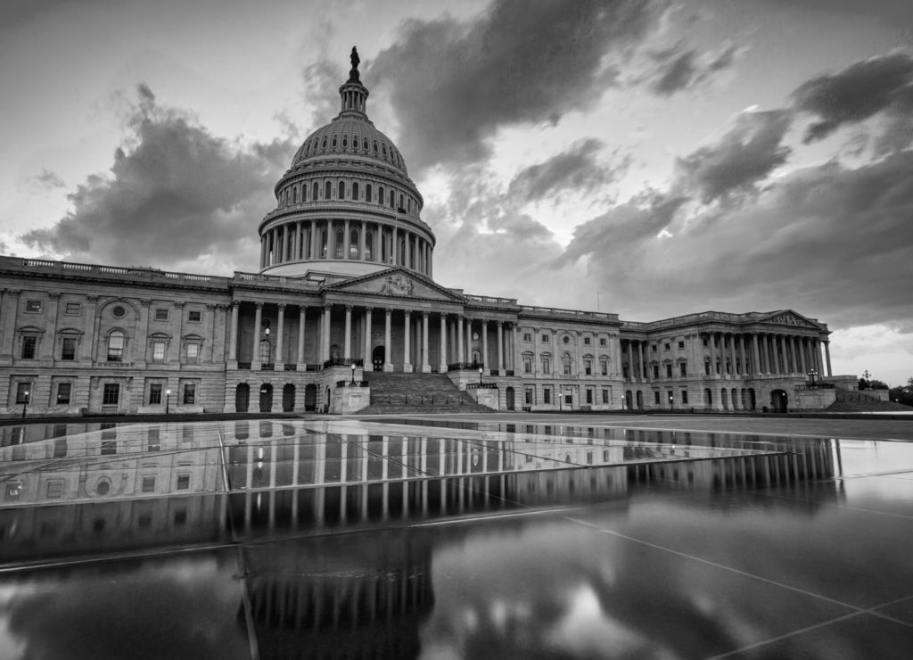 Dramatic sunset over the US capitol in Washington DC in black white