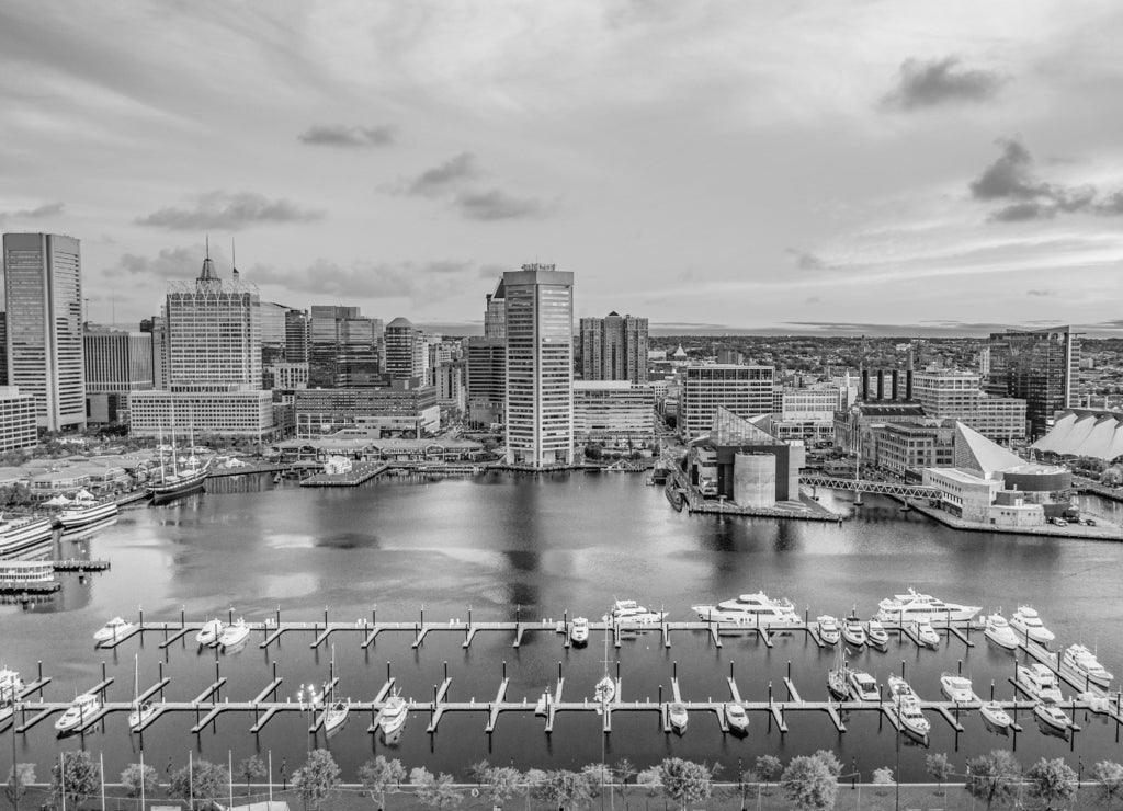 Baltimore Maryland MD Inner Harbor Skyline Aerial in black white