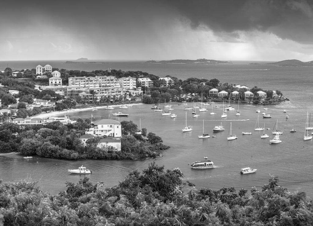 Cruz Bay, St. John, United States Virgin Islands in black white