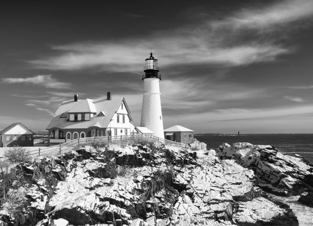 Portland Headlight blue sky winter day, Maine USA in black white