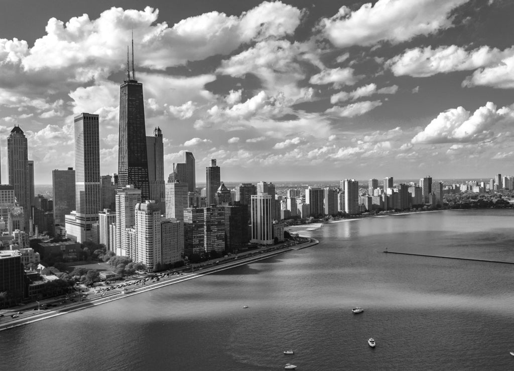 Chicago skyline aerial drone view from above, city of Chicago downtown skyscrapers and lake Michigan cityscape, Illinois, USA in black white