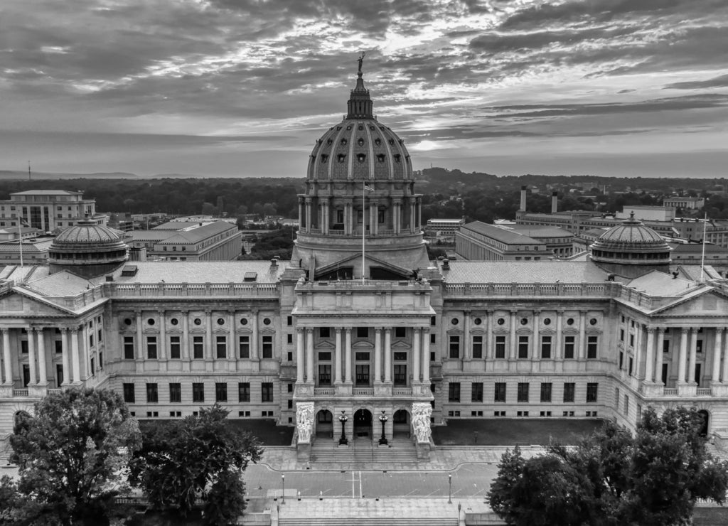 Capitol in Harrisburg, Pennsylvania in sunrise, aerial panoramic view in black white