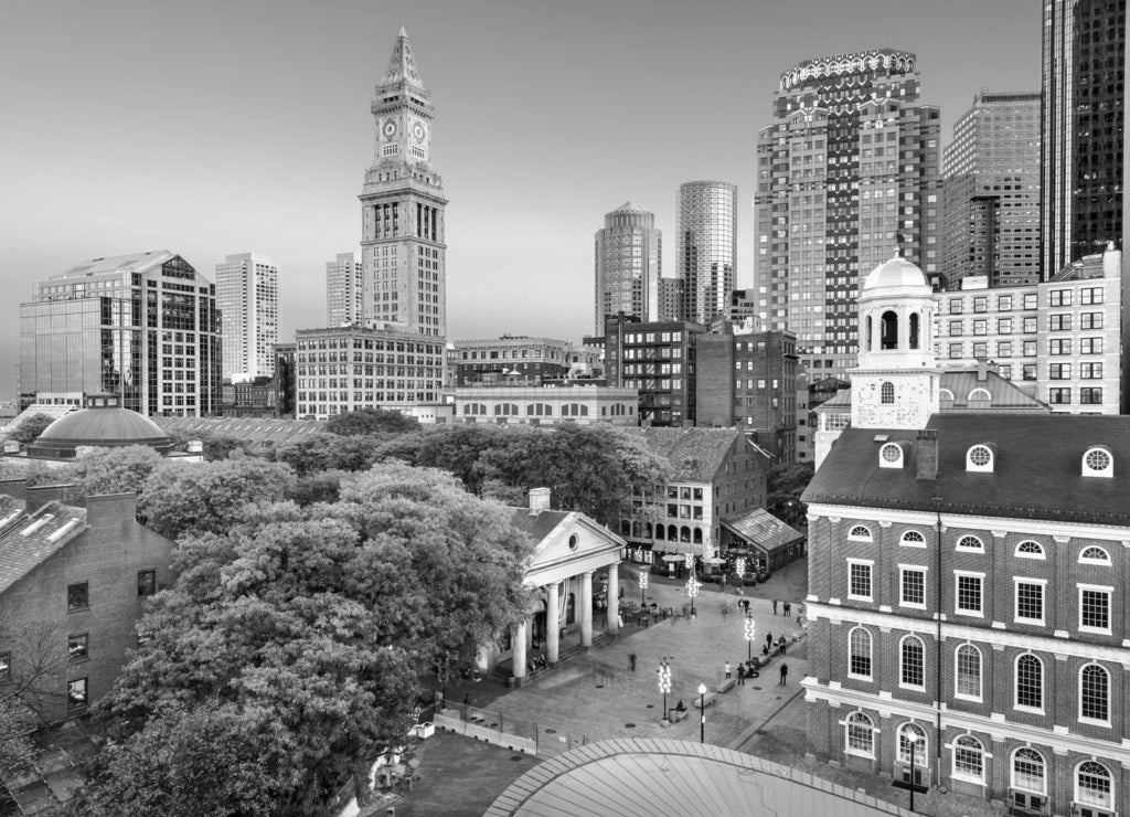 Boston Massachusetts, downtown skyline in black white