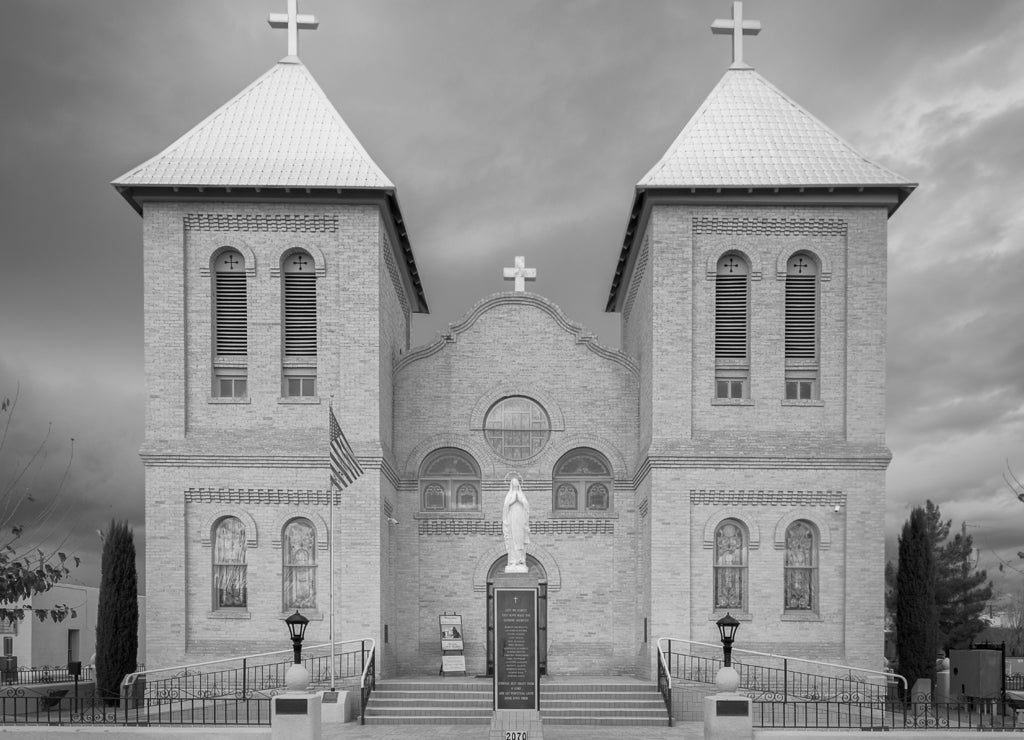 Exterior of the Basilica of San Albino in the historic district of Mesilla, New Mexico in black white