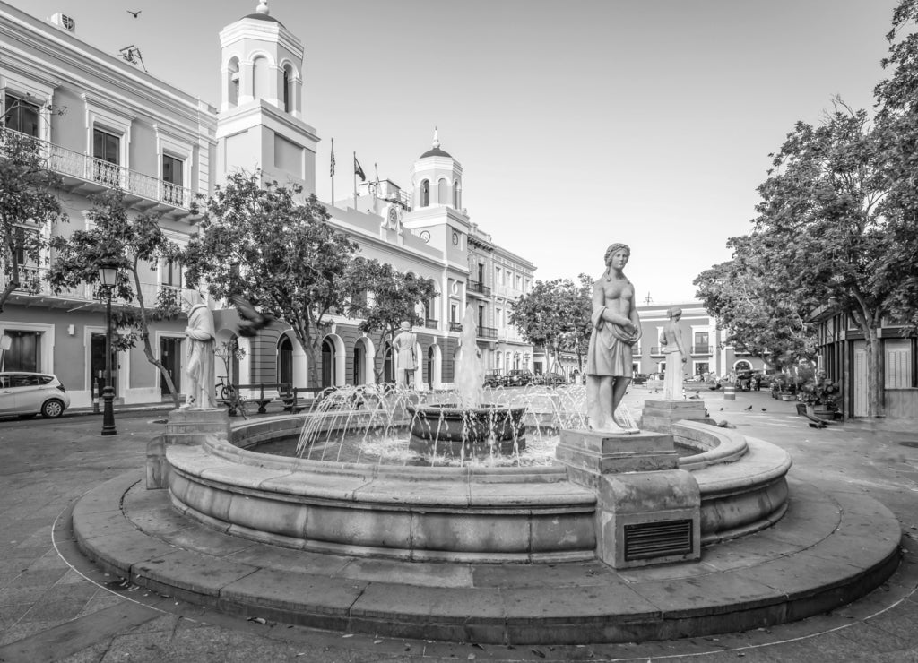 Plaza de Armas, town square with fountain in the city centre of Old San Juan, Puerto Rico in black white