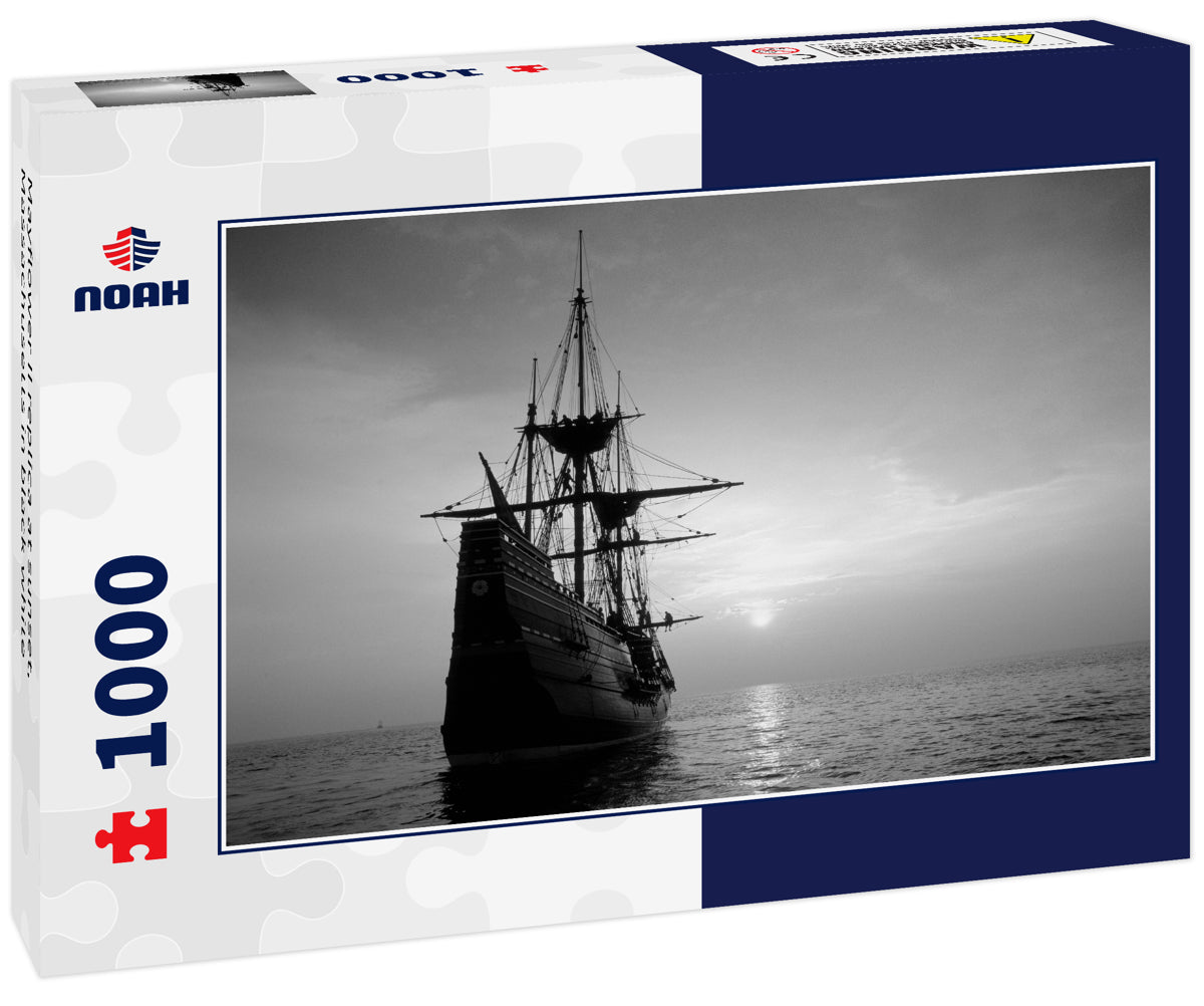Mayflower II replica at sunset, Massachusetts in black white