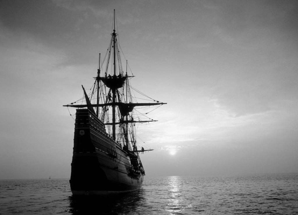 Mayflower II replica at sunset, Massachusetts in black white