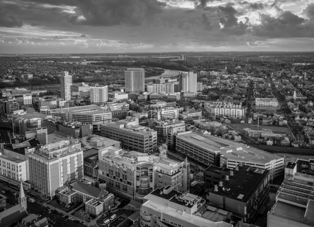 Aerial of Sunset Over New Brunswick New Jersey in black white