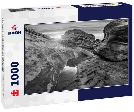 The mesmerizing red rock layers and formations of the desert landscape at the Valley of Fire State Park near Las Vegas, Nevada USA in black white