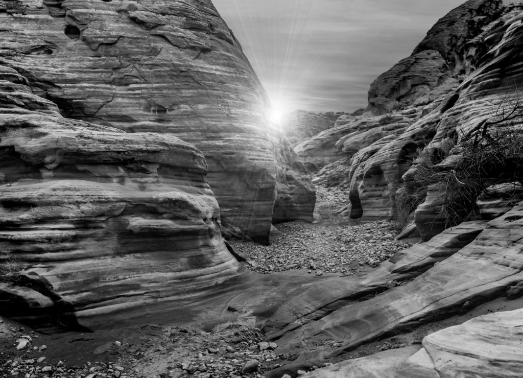 Formations of the desert landscape at the Valley of Fire State Park near Las Vegas, Nevada in black white