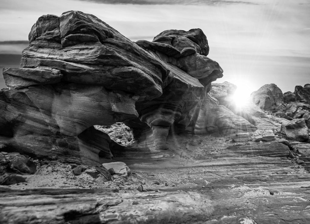 Formations of the desert landscape at the Valley of Fire State Park near Las Vegas, Nevada in black white