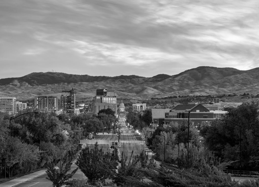 Boise Idaho skyline morning sunrise with light street traffic in black white