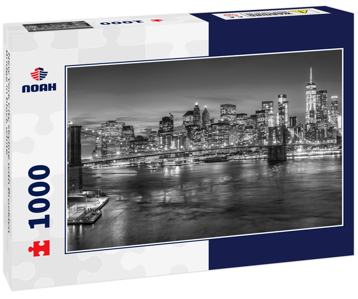 New York City skyline with Brooklyn Bridge in black white