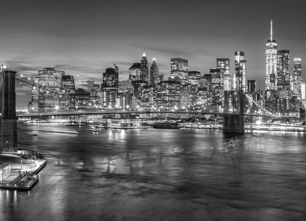 New York City skyline with Brooklyn Bridge in black white