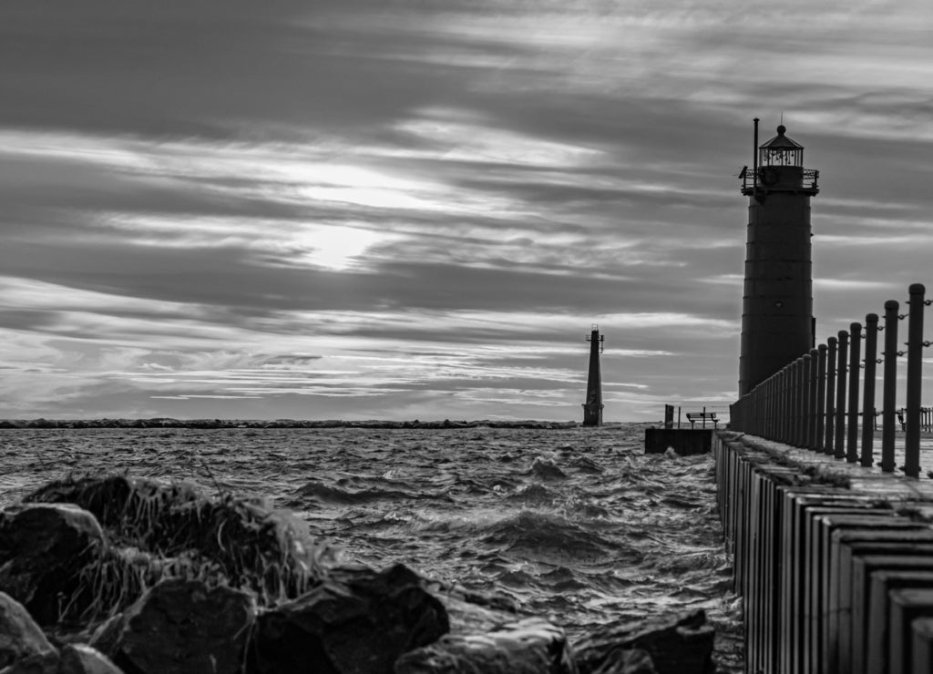 Muskegon Pier, Lake Michigan in black white