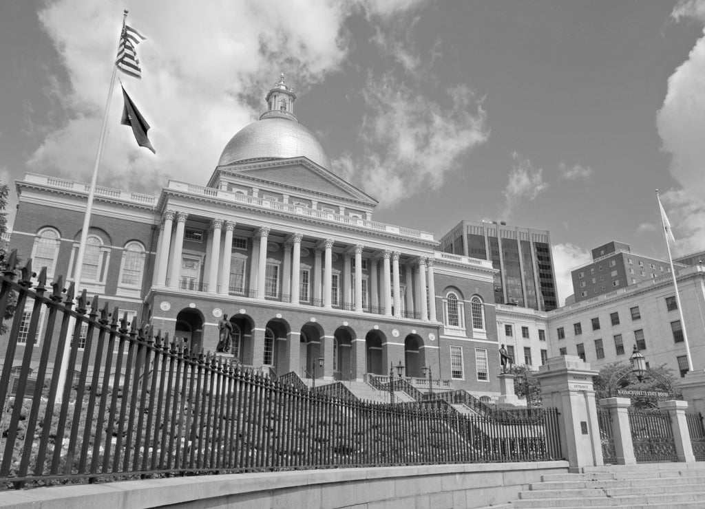 The Massachusetts State House - a state capitol for the Commonwealth of Massachusetts in black white
