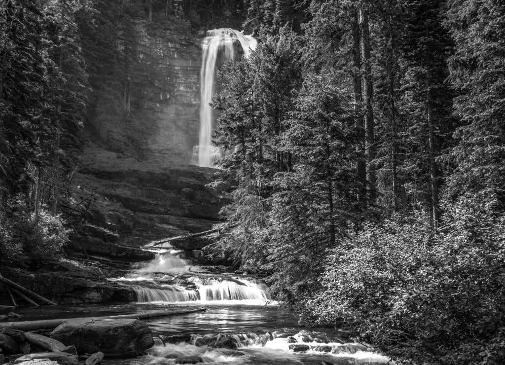 Virginia Falls in Glacier National Park, Montana in black white