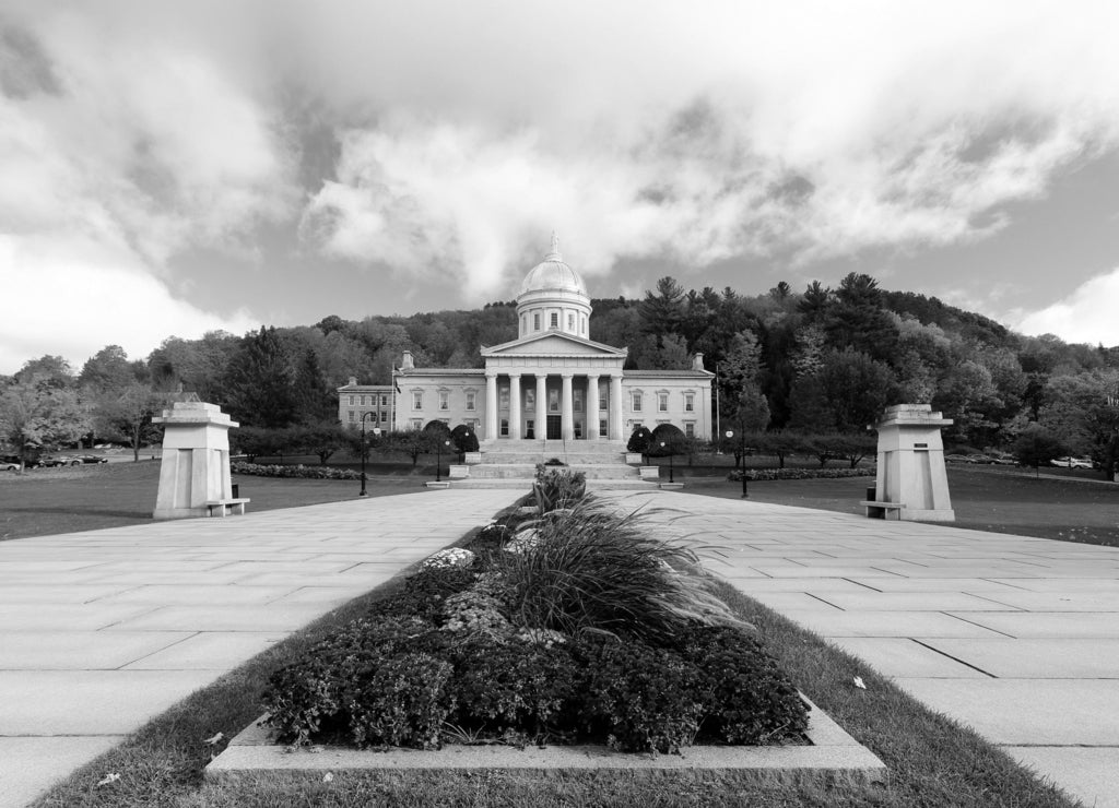 The Vermont State House with Colorful Foliage in Background. Located in Montpelier, the house is the state capitol of Vermont, in the United States in black white