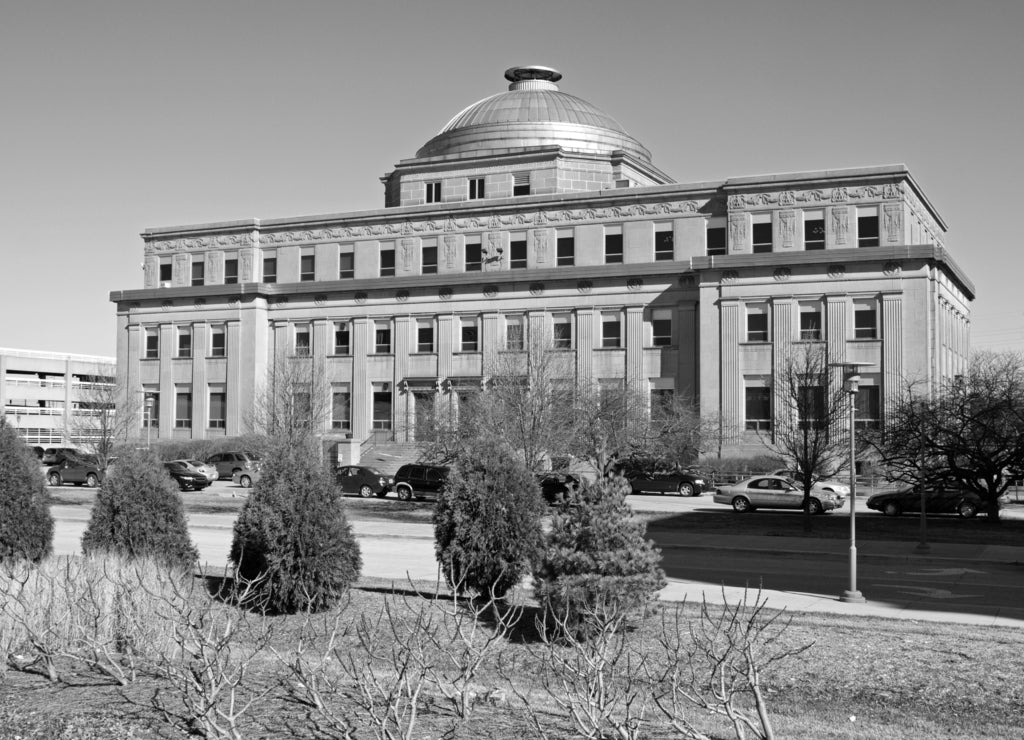 Administration building in Gary, Indiana in black white