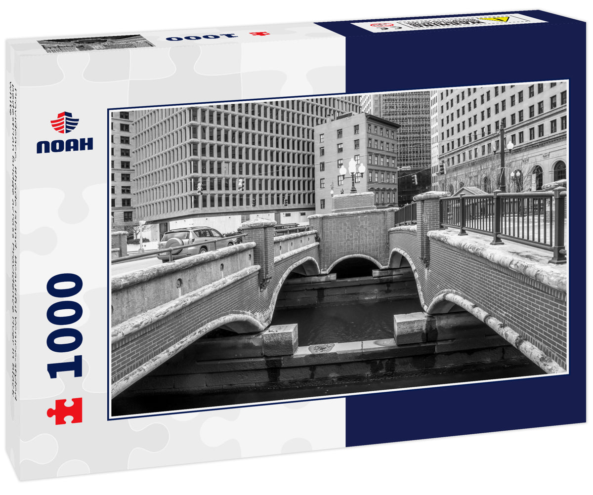 Providence, Rhode Island. Beautiful Venice-styled pedestrian bridge across Providence river in black white