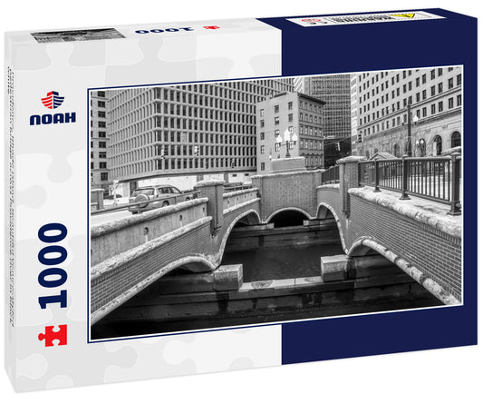 Providence, Rhode Island. Beautiful Venice-styled pedestrian bridge across Providence river in black white