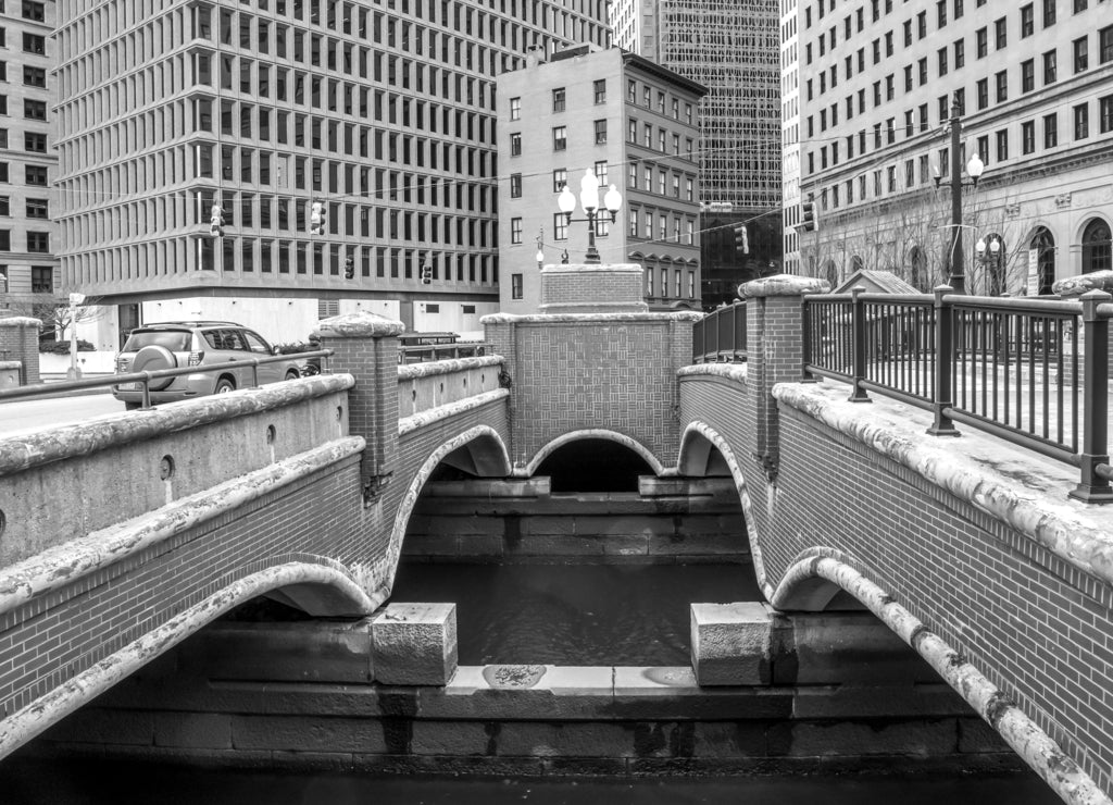 Providence, Rhode Island. Beautiful Venice-styled pedestrian bridge across Providence river in black white
