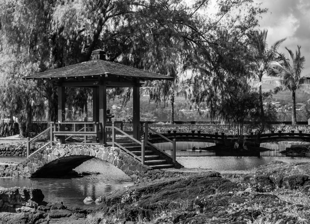 Hilo, Hawaii, USA: Closeup of Japanese black and red small bow bridge over pond in Liliuokalani Gardens. Green trees and black rocks under blue sky with big white clouds in black white