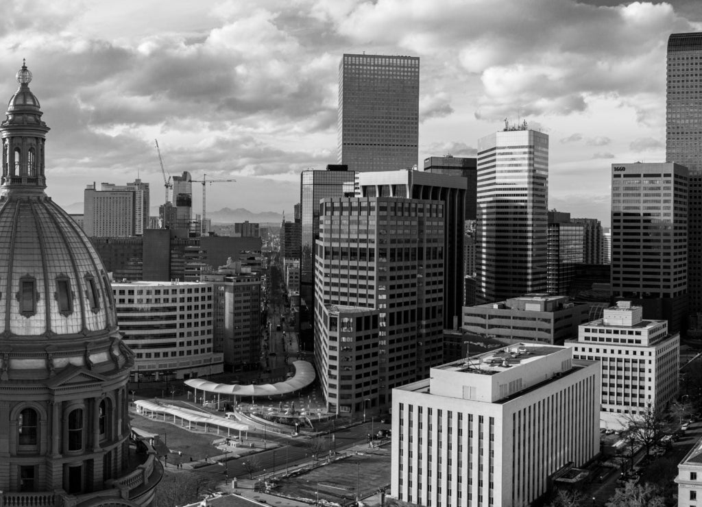 Colorado State Capitol Building & the City of Denver Colorado at Sunset. Rocky Mountains on the Horizon in black white