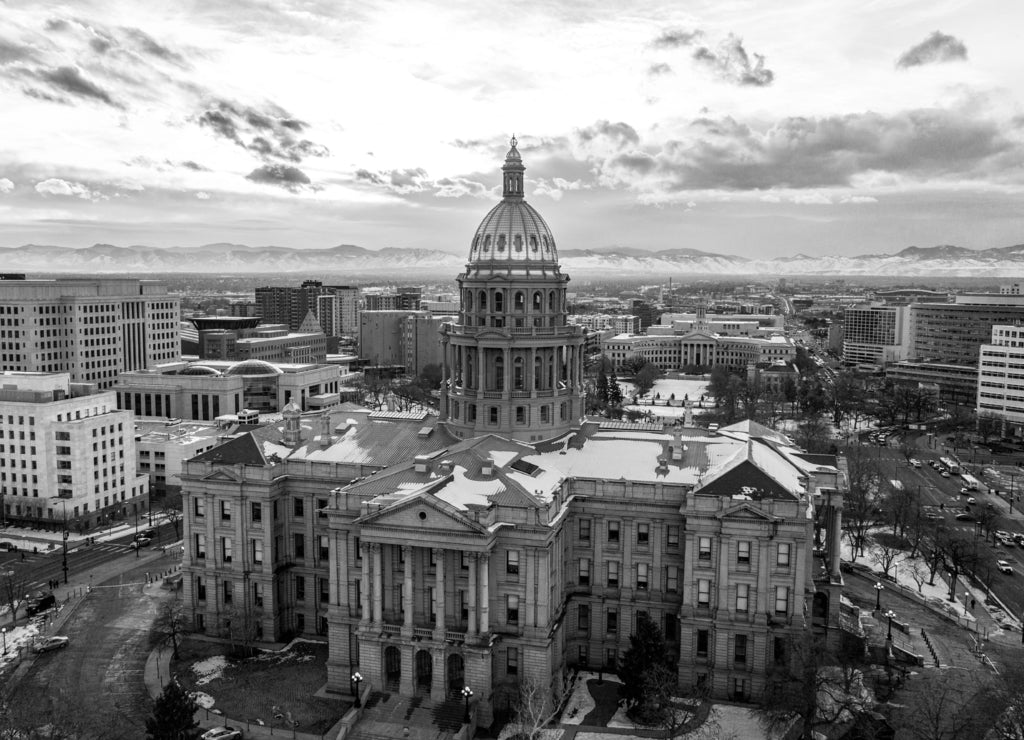 Colorado State Capitol Building & the City of Denver Colorado at Sunset in black white