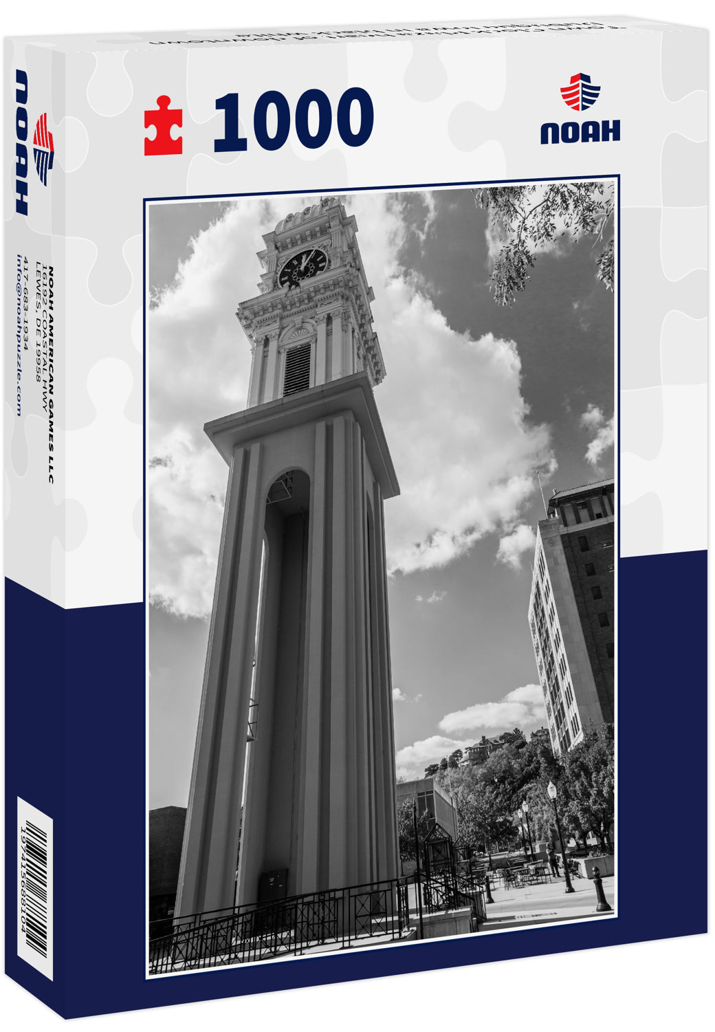 Town Clock Plaza heart of downtown Dubuque Iowa in black white