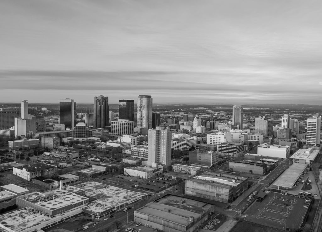 Birmingham, Alabama, USA Drone Skyline Aerial in black white