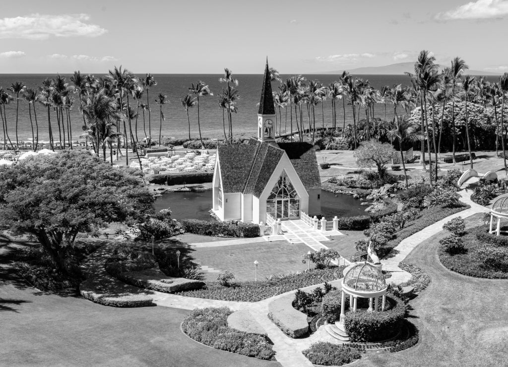 Garden Chapel in Maui Hawaii in black white