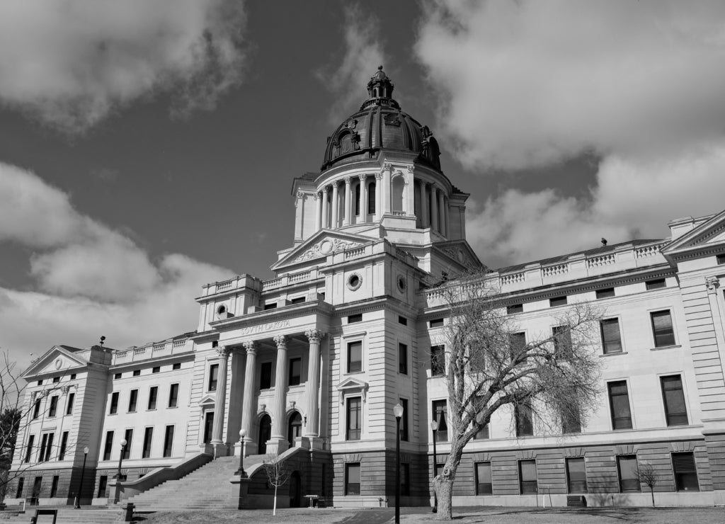 South Dakota state capitol building facade view in black white