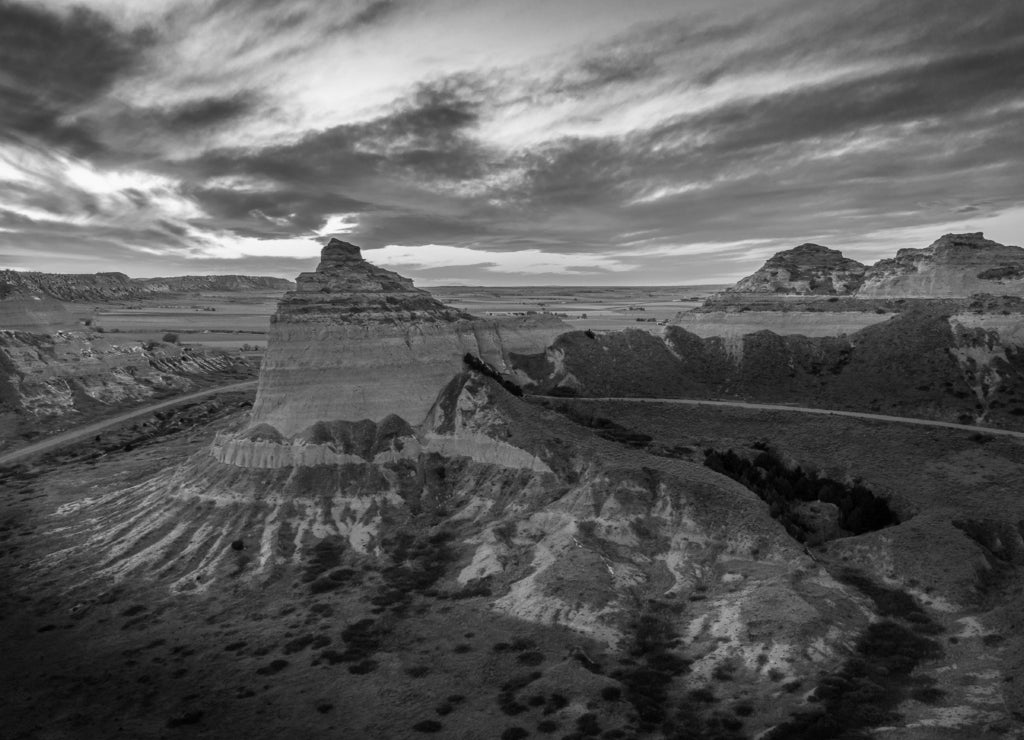 Dramatic clouds over Scottsbluff national Monument, Gering Nebraska in black white