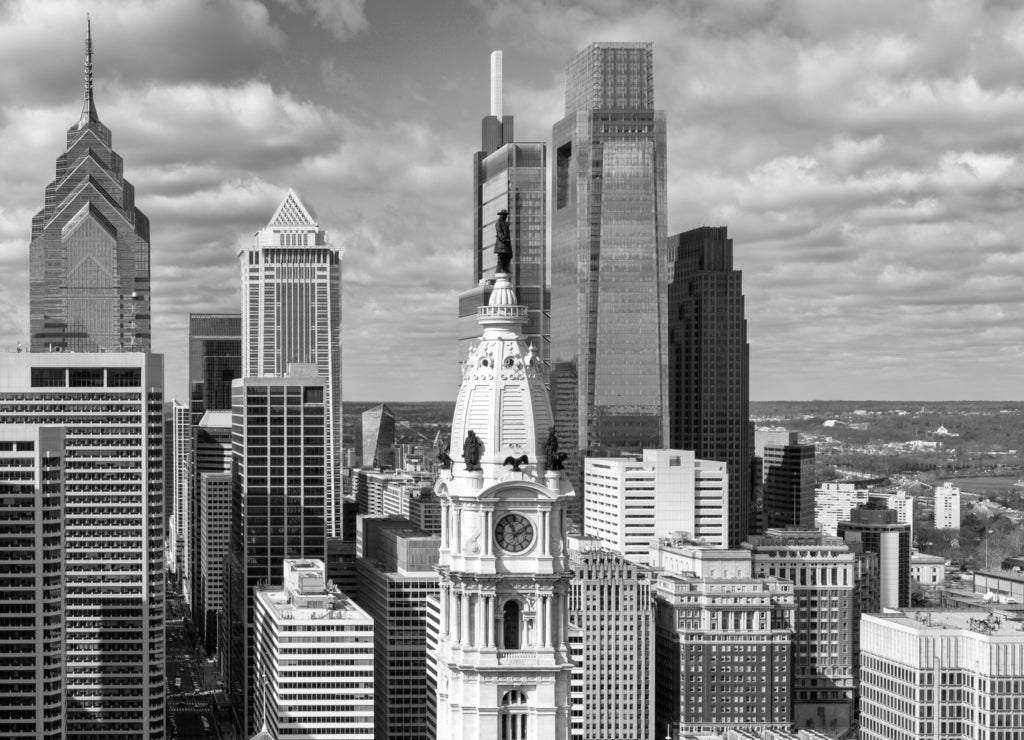Philadelphia city skyline in black white