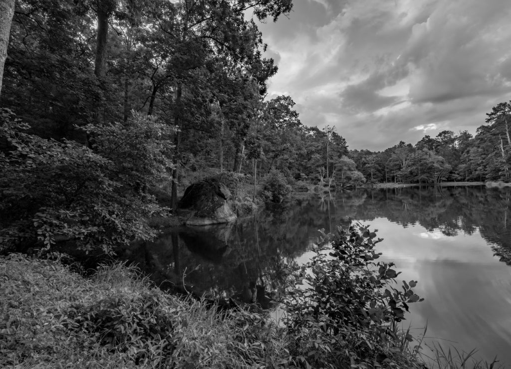 Small Lake at the Base of Panola Mountain in Georgia, USA in black white