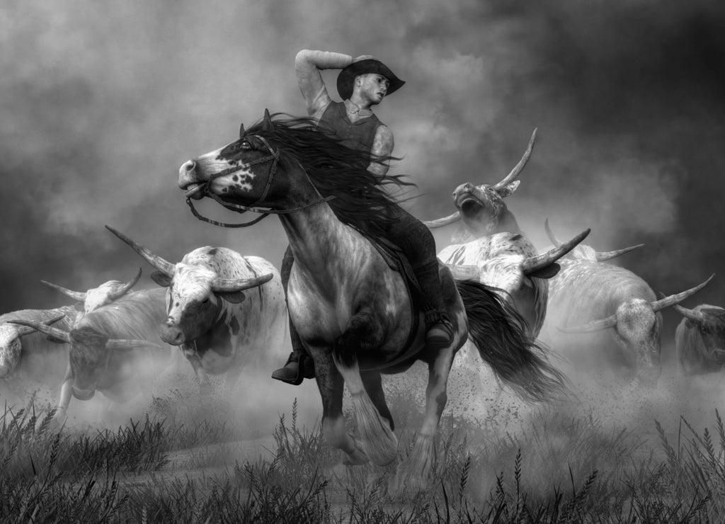 In the American Wild West, a cowboy on horseback rides for his life. Behind him, in a storm of dust, a herd of longhorn cattle stampedes after him, Texas in black white