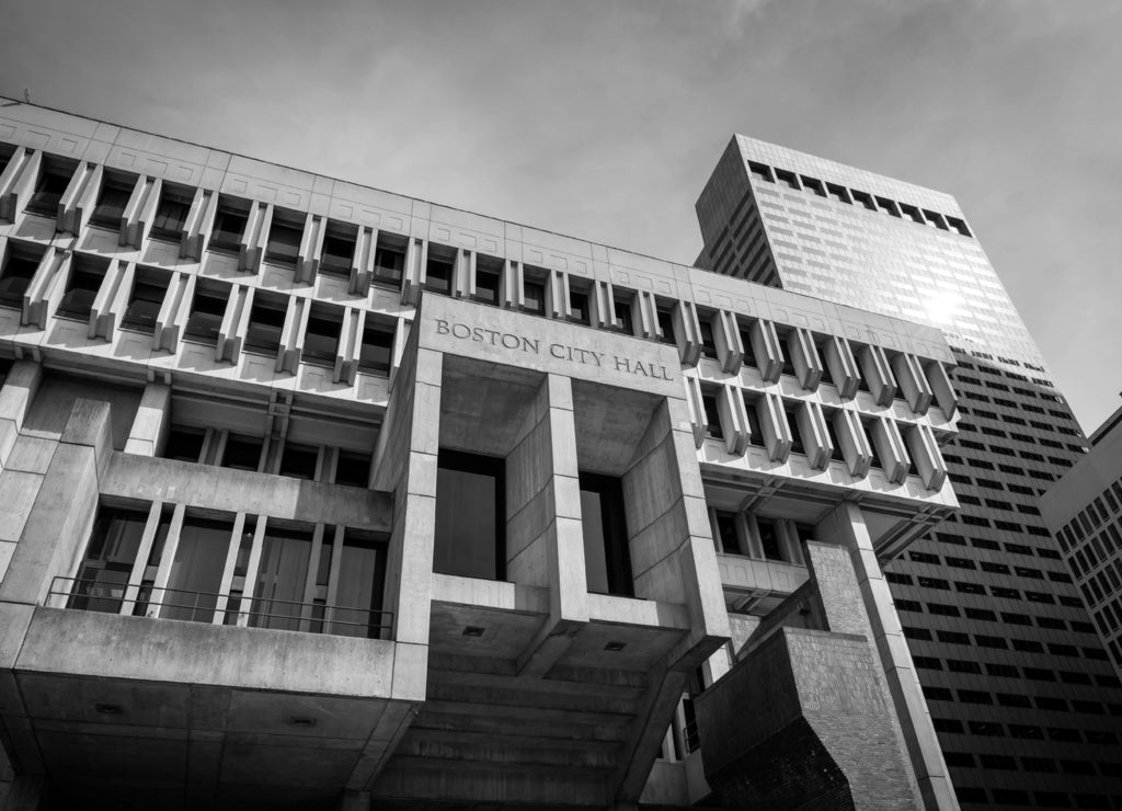 Boston City Hall in black white