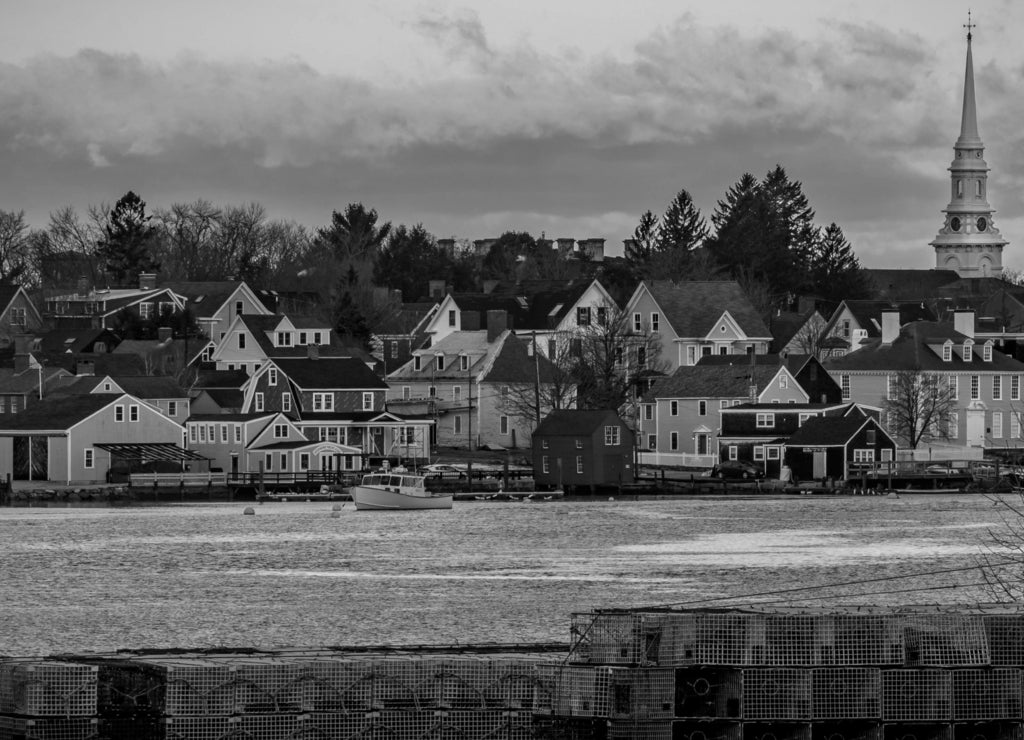 Sunrise over Portsmouth cityscape from Pierce Island - Portsmouth, New Hampshire in black white