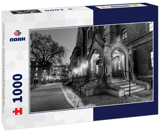 Outside in Harvard Yard at Sunset in Cambridge Massachusetts in black white