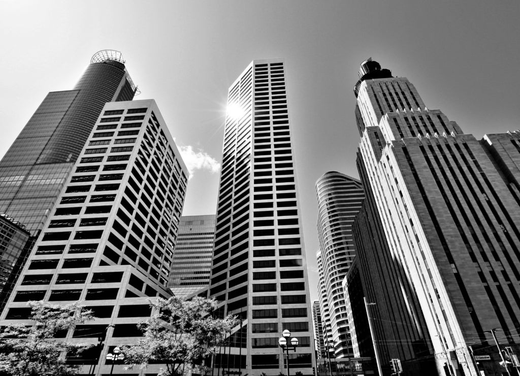 Minnesota, Downtown Minneapolis Skyline in black white