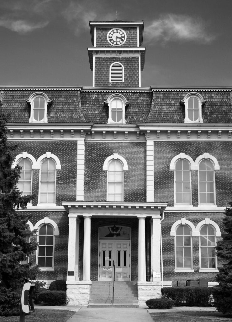 Effingham County Courthouse sits in the center of Effingham, Illinois in black white