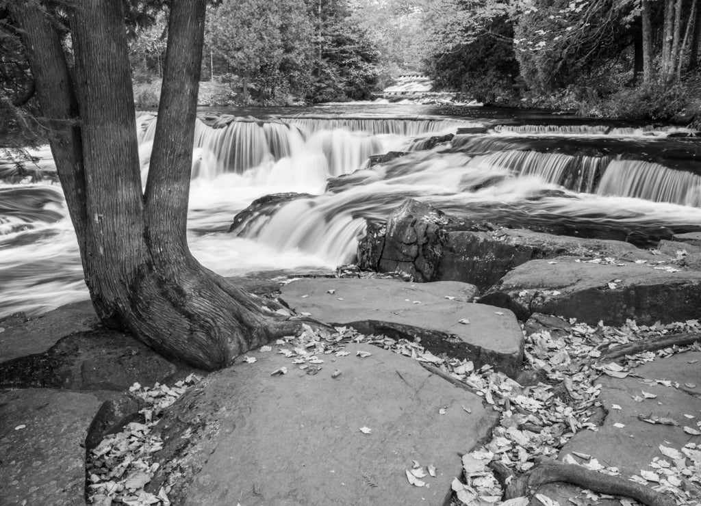 Upper Bond Falls on the Ontonagon River in Michigan's Upper Peninsula in black white