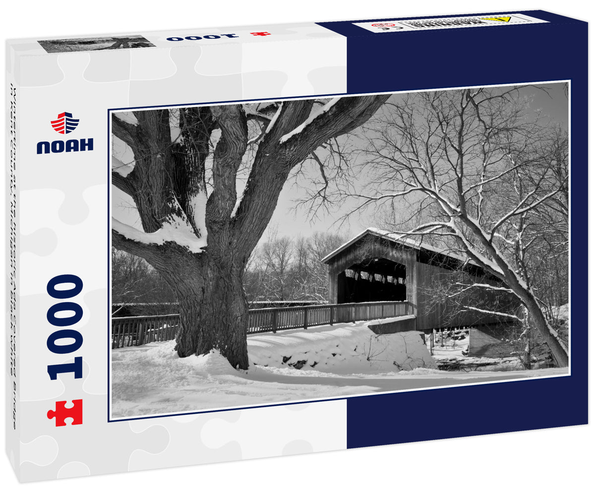 Wintertime at the historic Ada Covered Bridge in Kent County, Michigan in black white